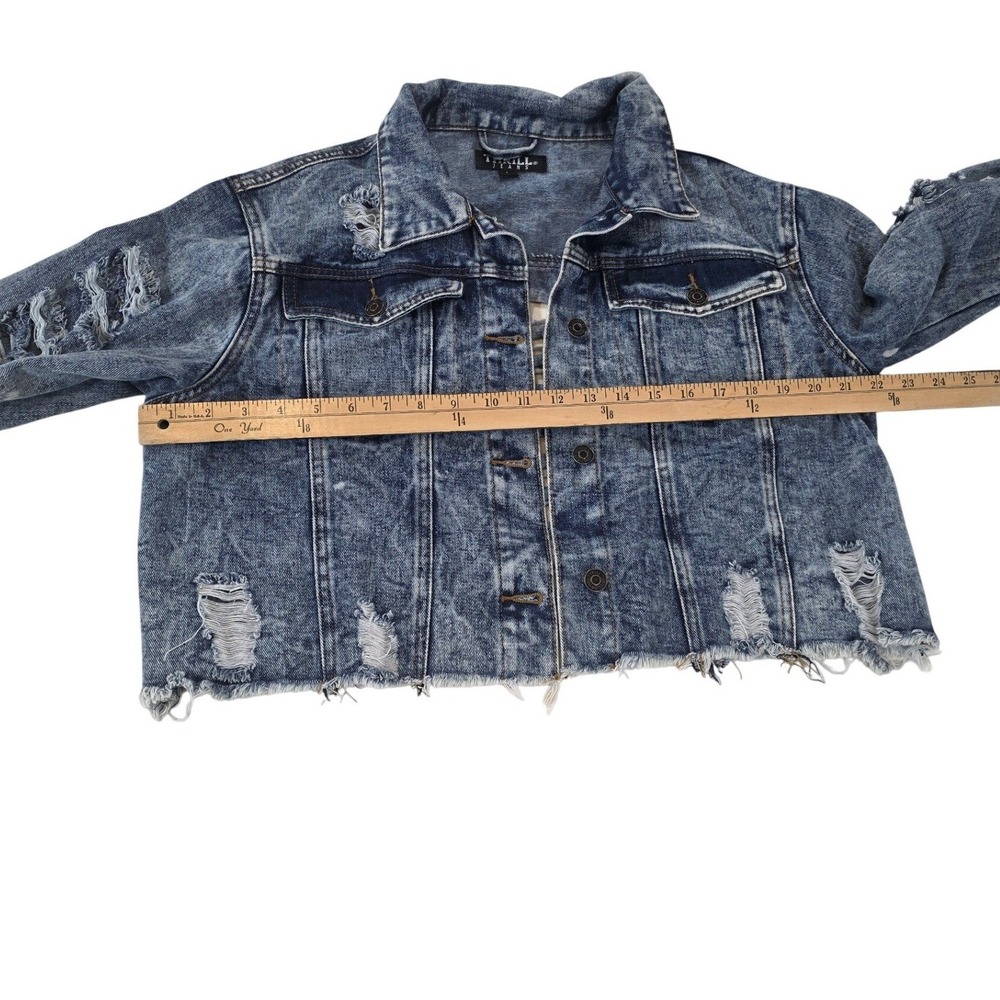 Thrill Jeans Womens Acid Wash Distressed Cropped Denim Jacket Blue L Shredded - Picture 5 of 9
